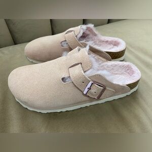 Birkenstock Boston Shearling Mink Mules Blush Size 39 Womens Suede Clog Shoes